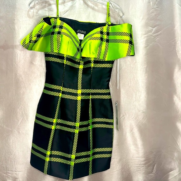 Jovani Neon Green and Black Off the Shoulder Dress Jovani Neon Green and Black Off the Shoulder Dress